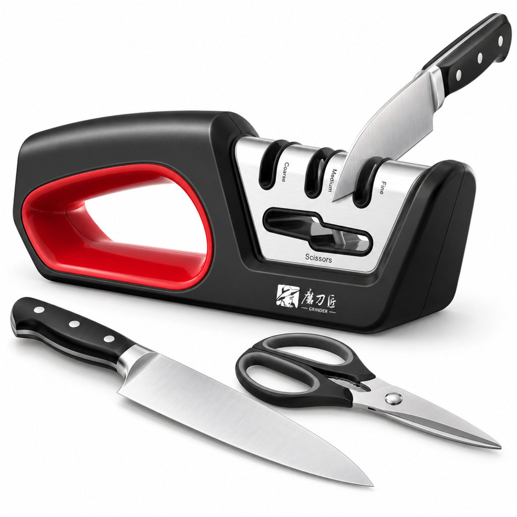 4-in-1 Manual Knife and Scissors Sharpener – 3-Stage Sharpener for Straight and Serrated Blades