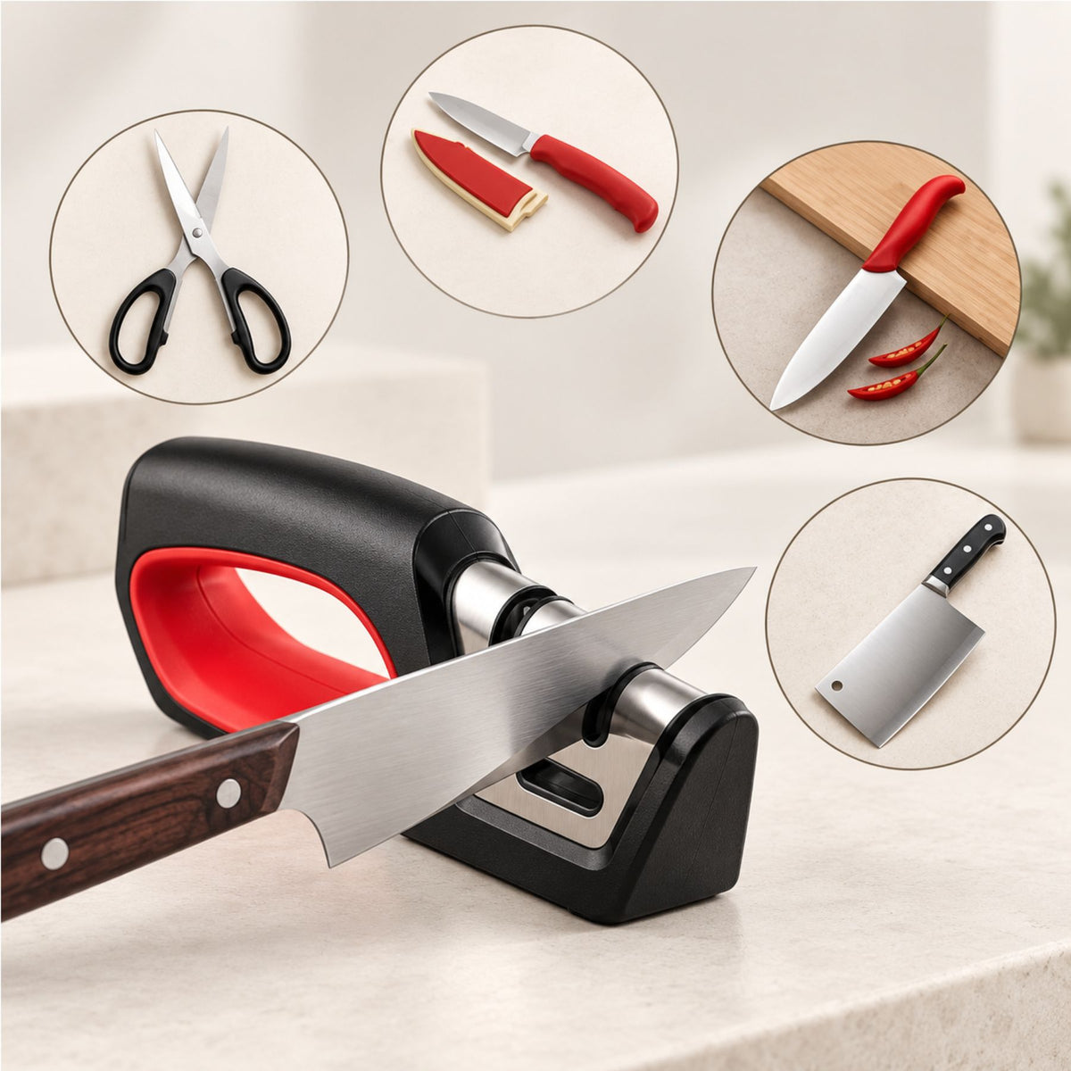 4-in-1 Manual Knife and Scissors Sharpener – 3-Stage Sharpener for Straight and Serrated Blades