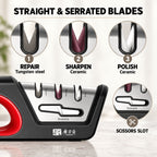 4-in-1 Manual Knife and Scissors Sharpener – 3-Stage Sharpener for Straight and Serrated Blades