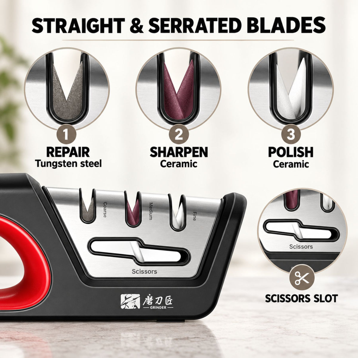 4-in-1 Manual Knife and Scissors Sharpener – 3-Stage Sharpener for Straight and Serrated Blades