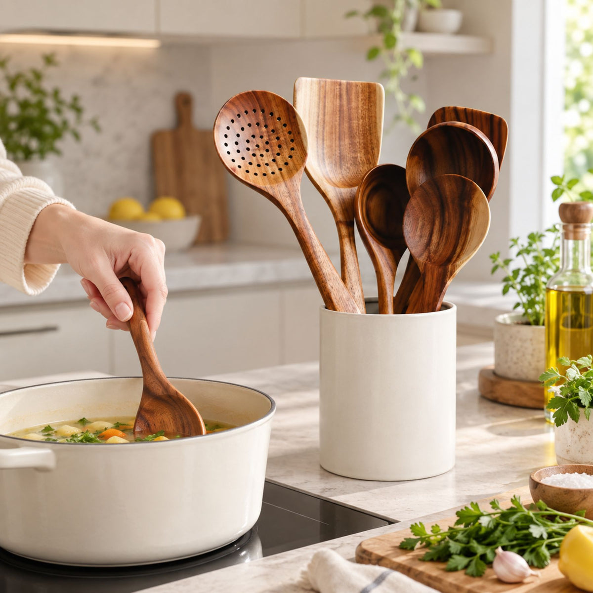 5-Piece Wooden Kitchen Utensil Set for Cooking, Frying and Serving