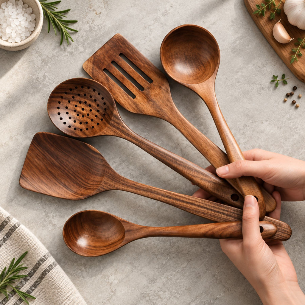 5-Piece Wooden Kitchen Utensil Set for Cooking, Frying and Serving