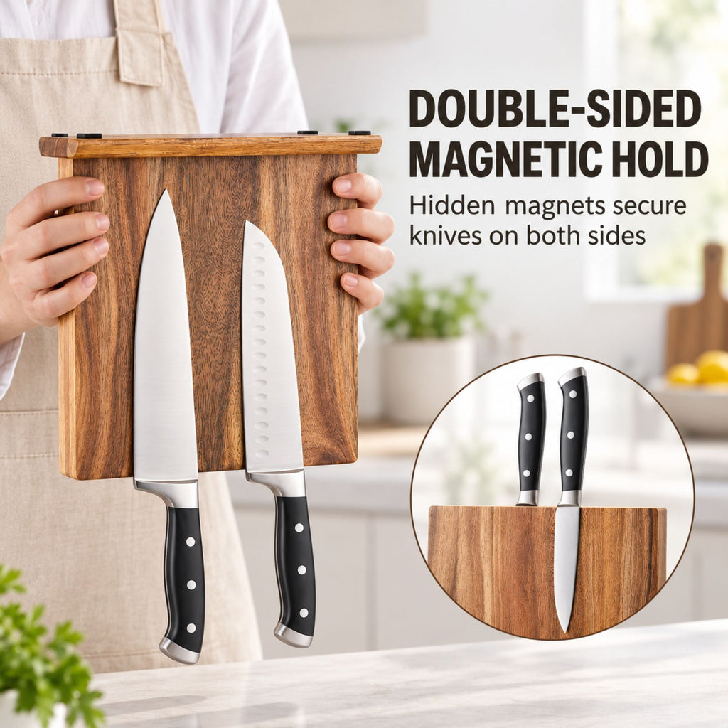 Acacia Wood Magnetic Knife Holder – Double-Sided Countertop Knife Block