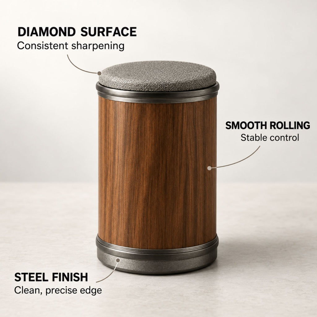 Magnetic rolling knife sharpener with 15° and 20° angle guide